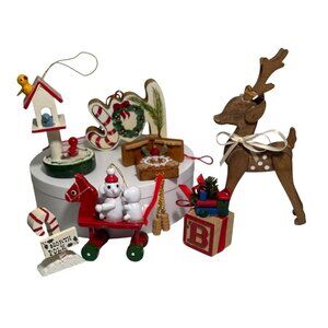 Vintage Wooden Christmas Ornaments Collection Reindeer Rocking Horse Bird House